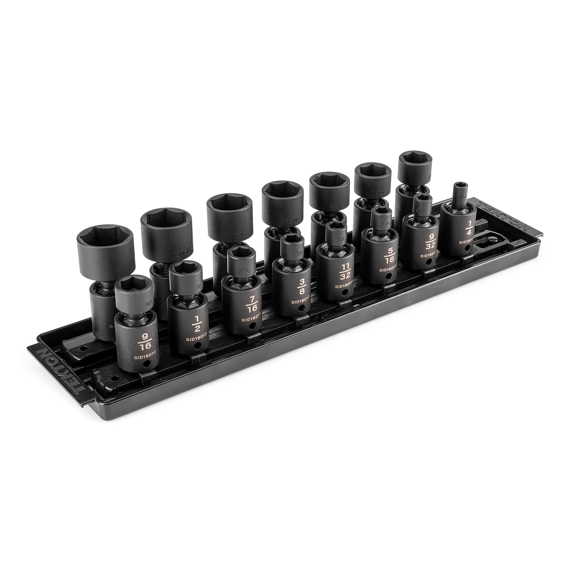 TEKTON 3/8 Inch Drive Shallow 6-Point Universal Joint Impact Socket Set with Rails and Tray, 15-Piece (1/4 - 1 in.) | SID97101